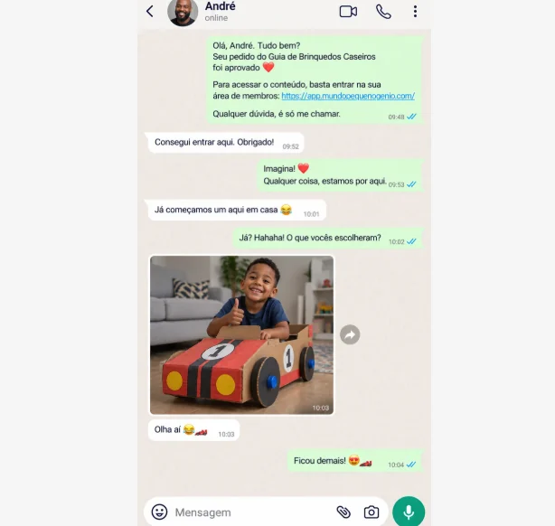Conversa no WhatsApp: André conta que já começou os projetos em casa e mostra o carrinho de papelão que o filho montou