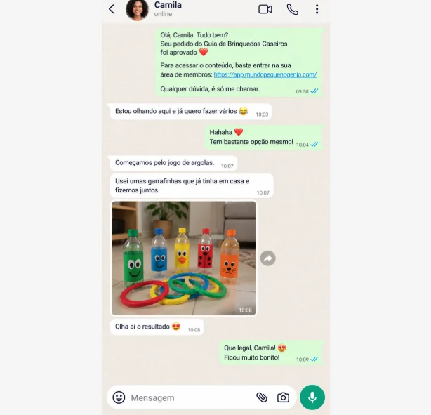 Conversa no WhatsApp: Camila mostra o jogo de argolas feito com garrafas que já tinha em casa