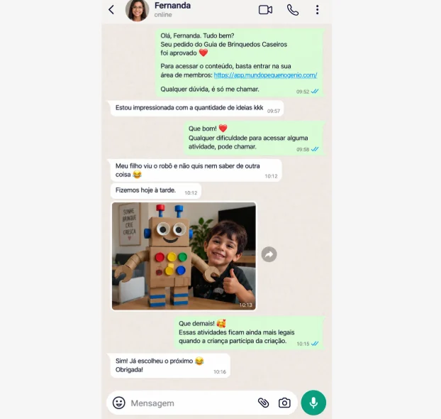 Conversa no WhatsApp: Fernanda mostra o robô de papelão que o filho montou na mesma tarde