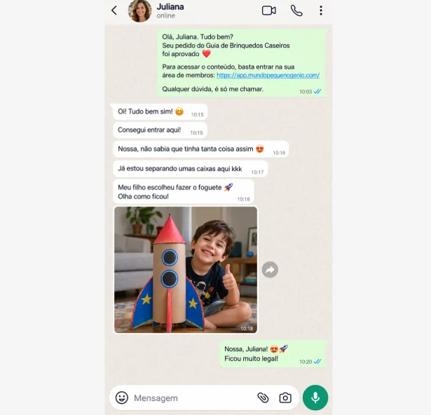 Conversa no WhatsApp: Juliana mostra o foguete de papelão que o filho escolheu montar
